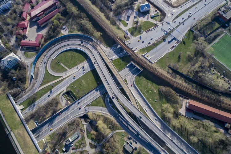 Aerial view of a freeway intersection. Aerial photography